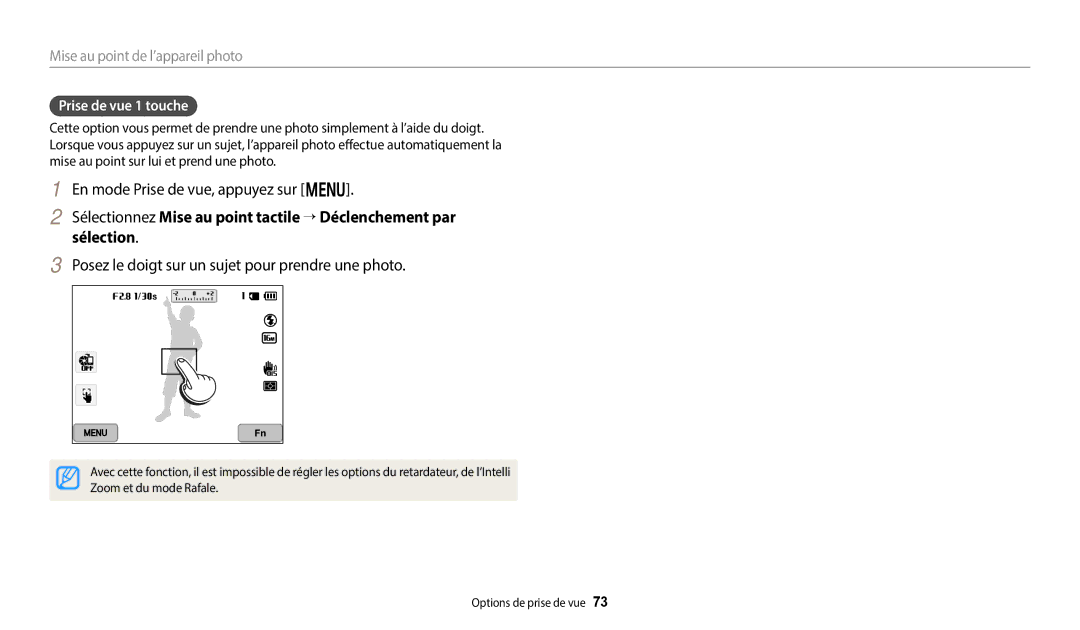 Samsung EC-WB380FBPWFR manual Posez le doigt sur un sujet pour prendre une photo, Prise de vue 1 touche 