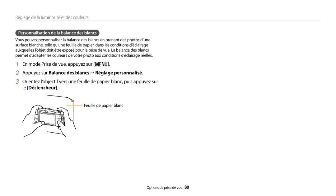 Samsung EC-WB380FBPWFR Appuyez sur Balance des blancs → Réglage personnalisé, Personnalisation de la balance des blancs 