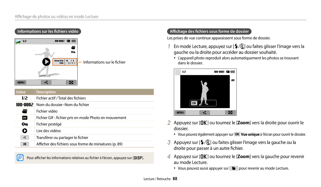 Samsung EC-WB380FBPWFR manual Informations sur les fichiers vidéo, Affichage des fichiers sous forme de dossier 