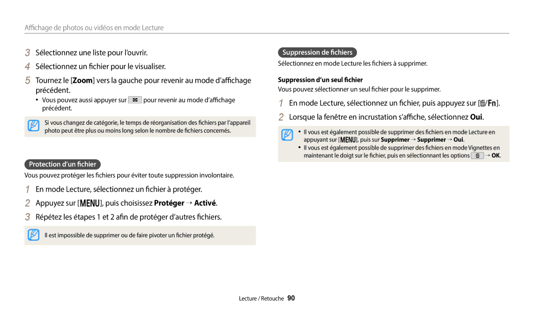 Samsung EC-WB380FBPWFR manual Protection d’un fichier, Suppression de fichiers, Suppression d’un seul fichier 