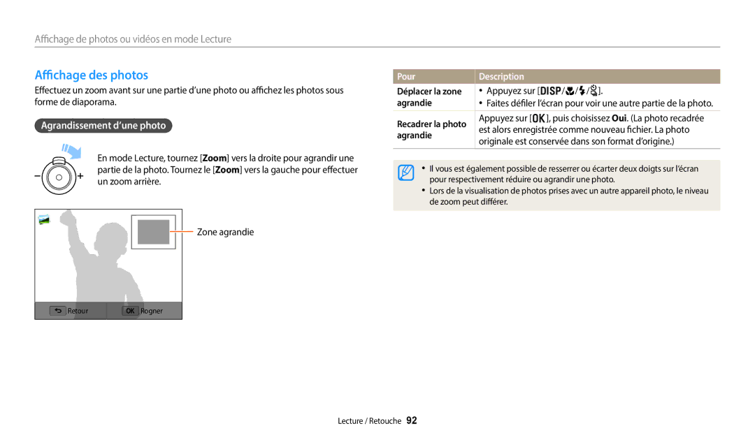 Samsung EC-WB380FBPWFR Affichage des photos, Agrandissement d’une photo, Pour Description, Déplacer la zone, Agrandie 