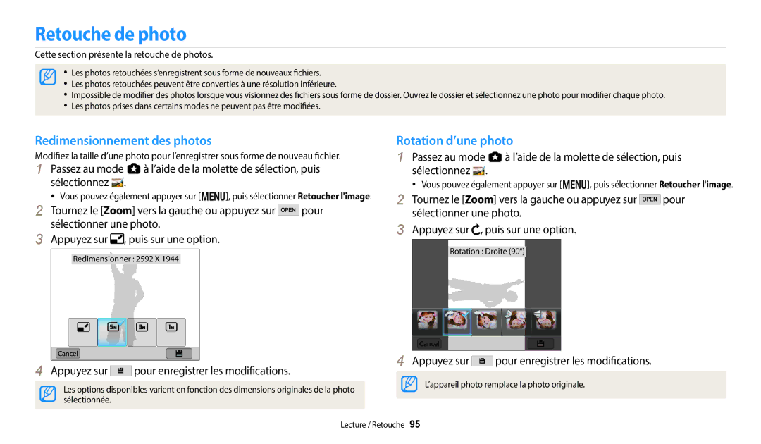 Samsung EC-WB380FBPWFR Retouche de photo, Redimensionnement des photos, Appuyez sur Pour enregistrer les modifications 