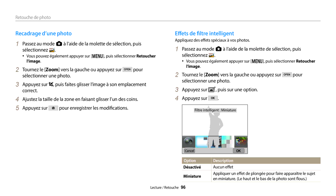 Samsung EC-WB380FBPWFR Recadrage d’une photo, Effets de filtre intelligent, Appliquez des effets spéciaux à vos photos 