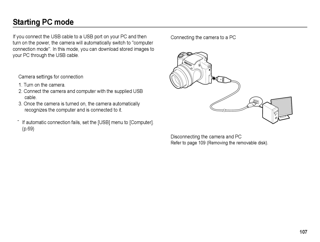 Samsung EC-WB5000BPBRU, EC-WB5000BABFR, EC-WB5000BPBFR manual Starting PC mode, Refer to page 109 Removing the removable disk 