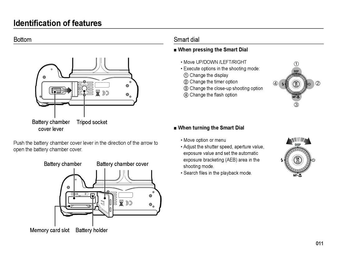 Samsung EC-WB5000BPBE1 manual Bottom, When pressing the Smart Dial, When turning the Smart Dial, Battery chamber cover 