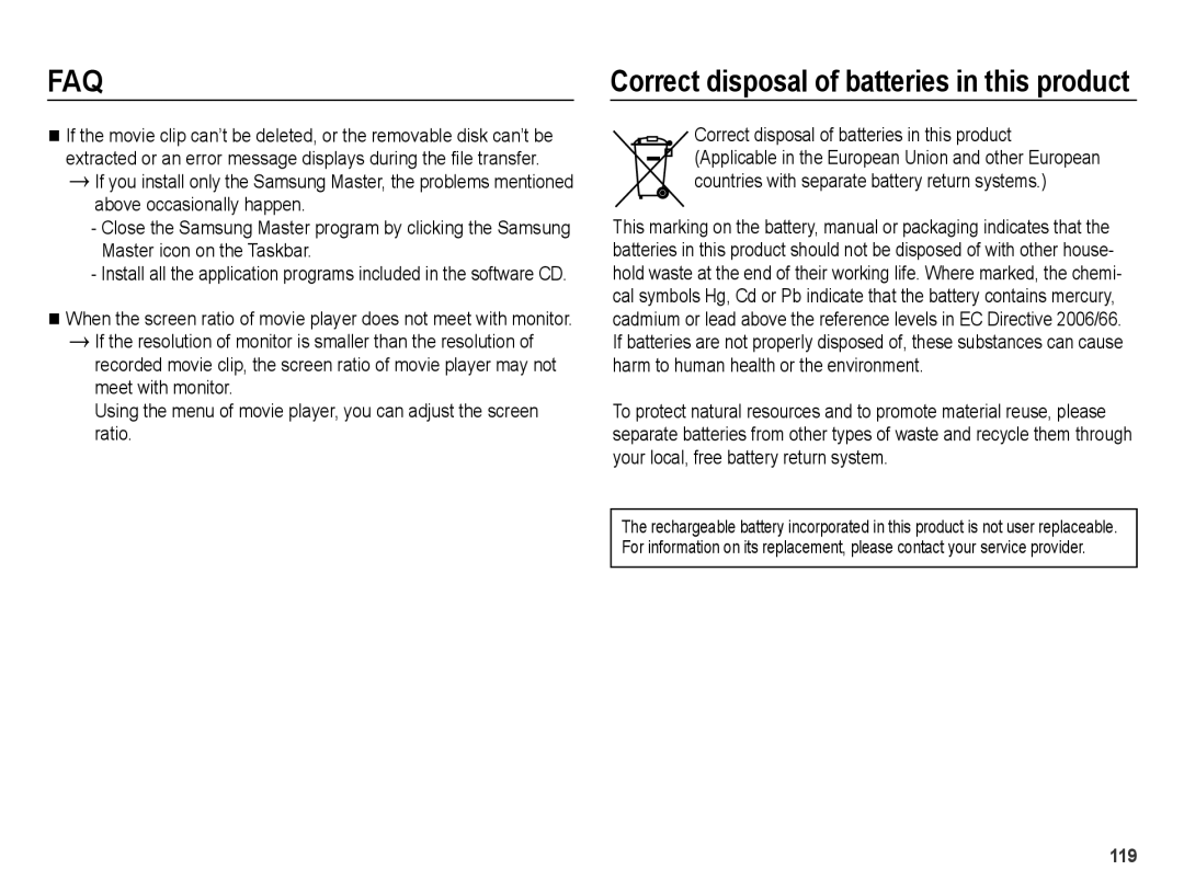Samsung EC-WB5000BABFR, EC-WB5000BPBFR, EC-WB5000BPBE1, EC-WB5000BPBIT manual Correct disposal of batteries in this product 