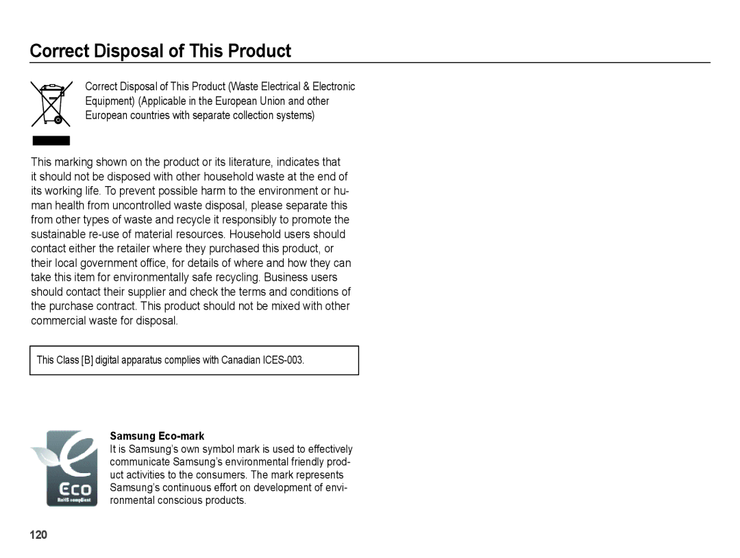 Samsung EC-WB5000BPBFR, EC-WB5000BABFR, EC-WB5000BPBE1, EC-WB5000BPBIT Correct Disposal of This Product, Samsung Eco-mark 