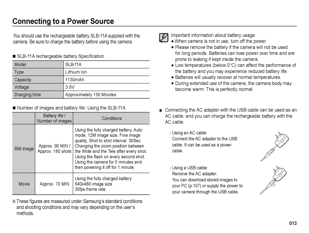 Samsung EC-WB5000APB, EC-WB5000BABFR manual Connecting to a Power Source, SLB-11A rechargeable battery Speci¿cation 