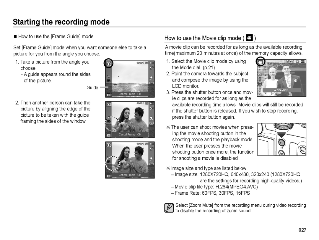 Samsung EC-WB5000BPBRU, EC-WB5000BABFR manual How to use the Movie clip mode, Image size and type are listed below, Guide 