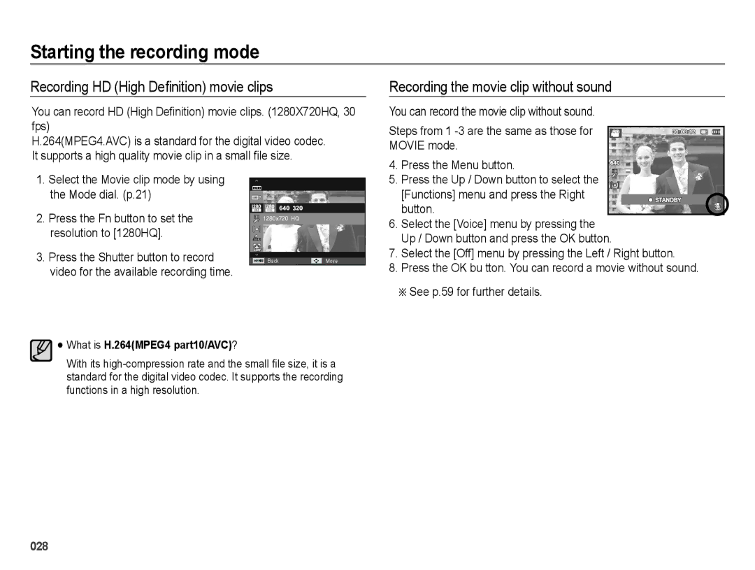 Samsung EC-WB5000BPBIL, EC-WB5000BABFR Recording HD High De¿nition movie clips, Recording the movie clip without sound 