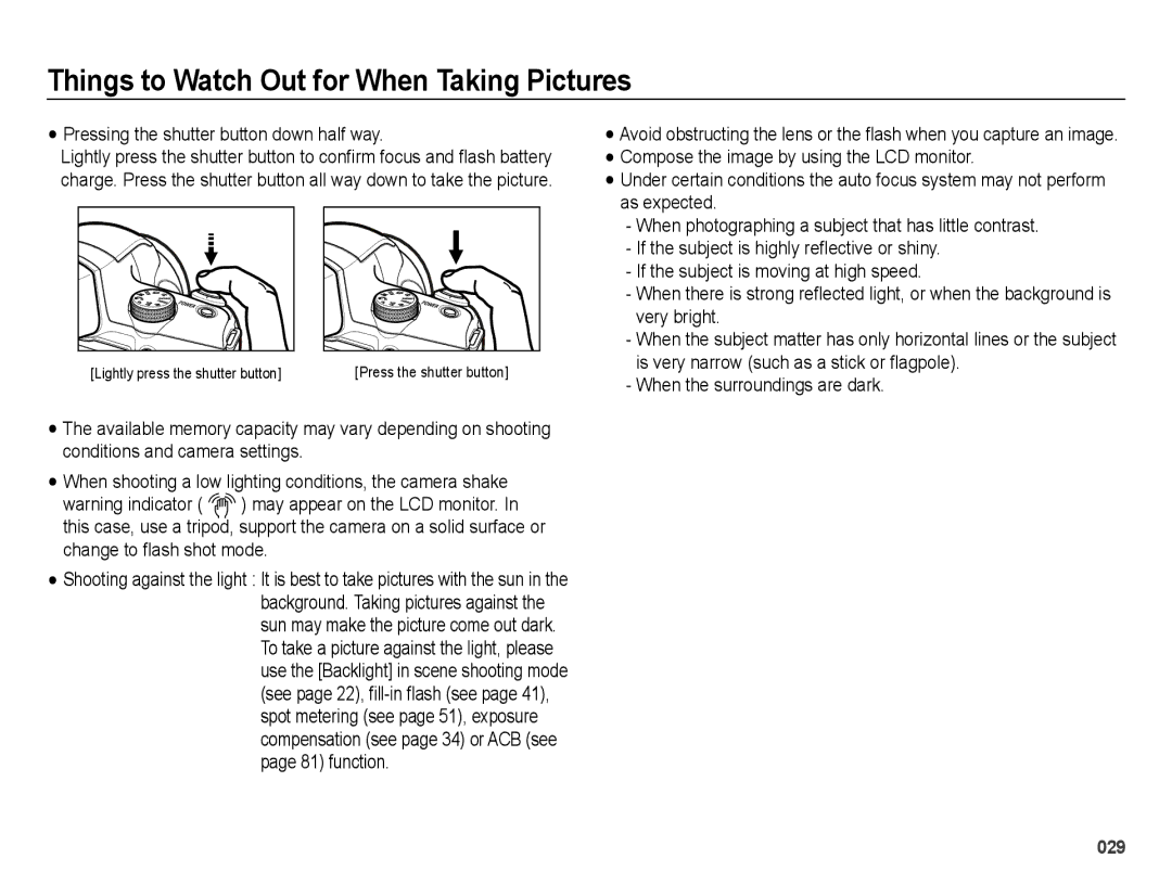 Samsung EC-WB5000BABFR manual Things to Watch Out for When Taking Pictures, Pressing the shutter button down half way 