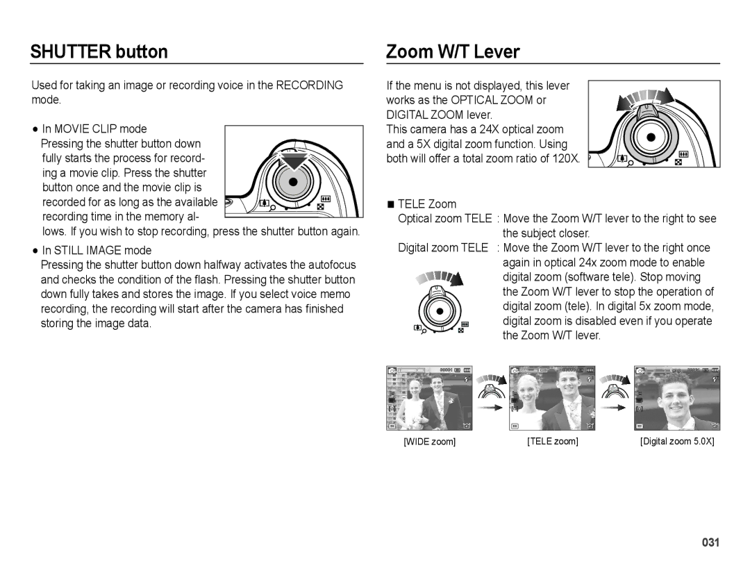 Samsung EC-WB5000BPBE1, EC-WB5000BABFR, EC-WB5000BPBFR, EC-WB5000BPBIT manual Shutter button, Zoom W/T Lever, Zoom W/T lever 