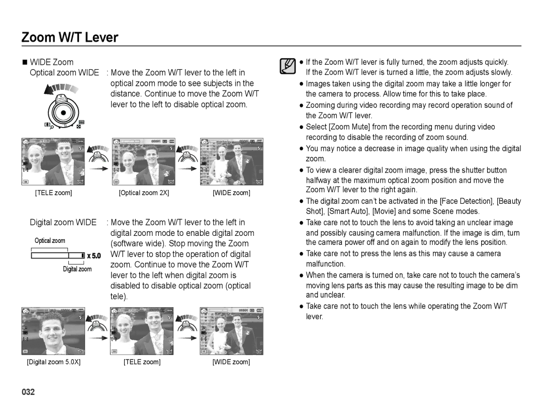 Samsung EC-WB5000BPBIT, EC-WB5000BABFR, EC-WB5000BPBFR, EC-WB5000BPBE1, EC-WB5000APB manual Wide Zoom, Digital zoom Wide 