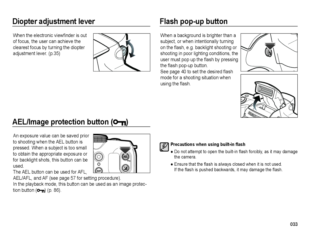 Samsung EC-WB5000APB, EC-WB5000BABFR manual Diopter adjustment lever, Flash pop-up button, AEL/Image protection button 