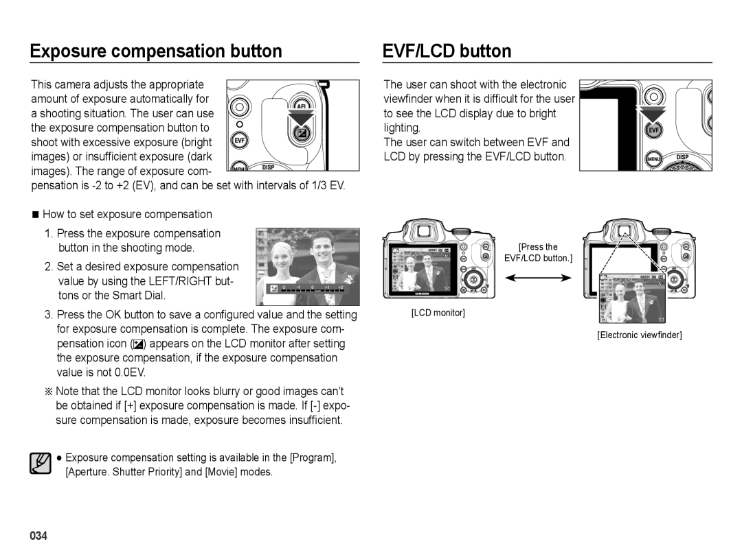 Samsung EC-WB5000BPBVN, EC-WB5000BABFR Exposure compensation button, EVF/LCD button, Images. The range of exposure com 