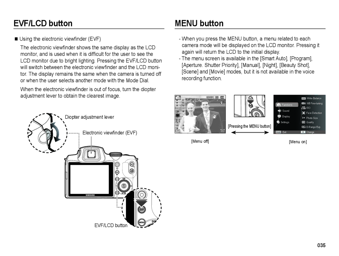 Samsung EC-WB5000BPBE3, EC-WB5000BABFR, EC-WB5000BPBFR, EC-WB5000BPBE1 manual Menu button, Using the electronic view¿nder EVF 