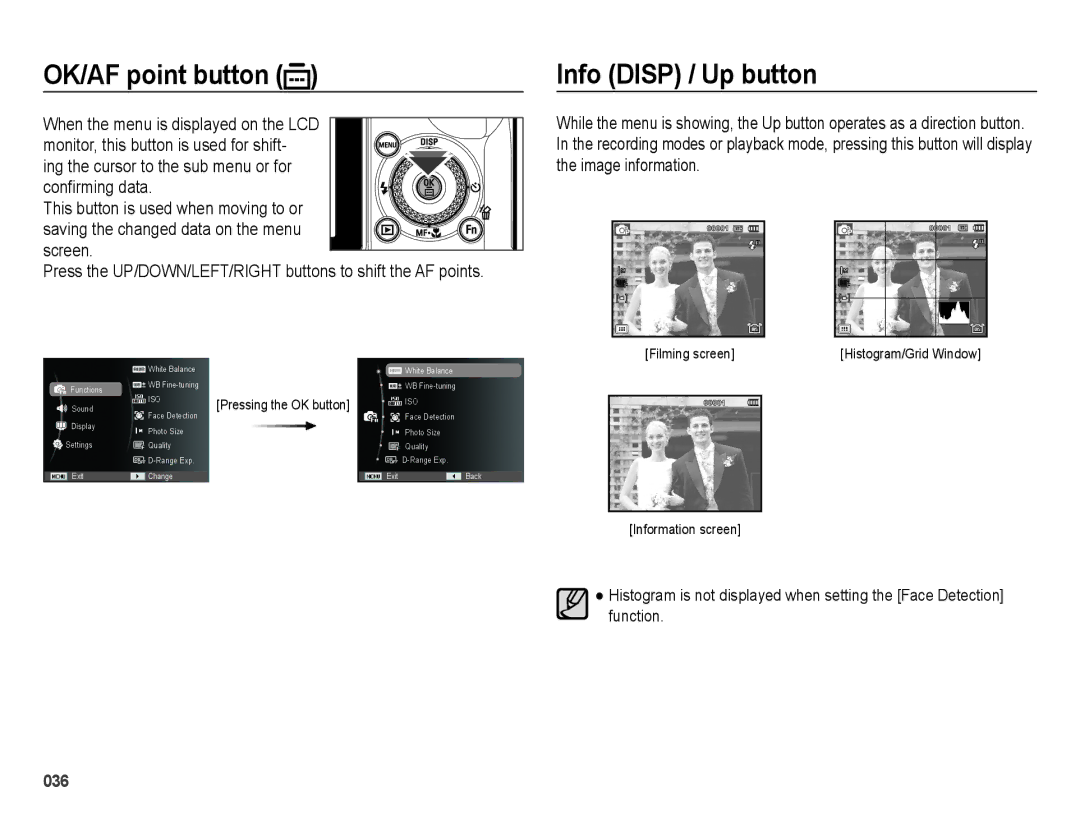 Samsung EC-WB5000BPBE2, EC-WB5000BABFR, EC-WB5000BPBFR, EC-WB5000BPBE1 manual OK/AF point button, Info Disp / Up button 