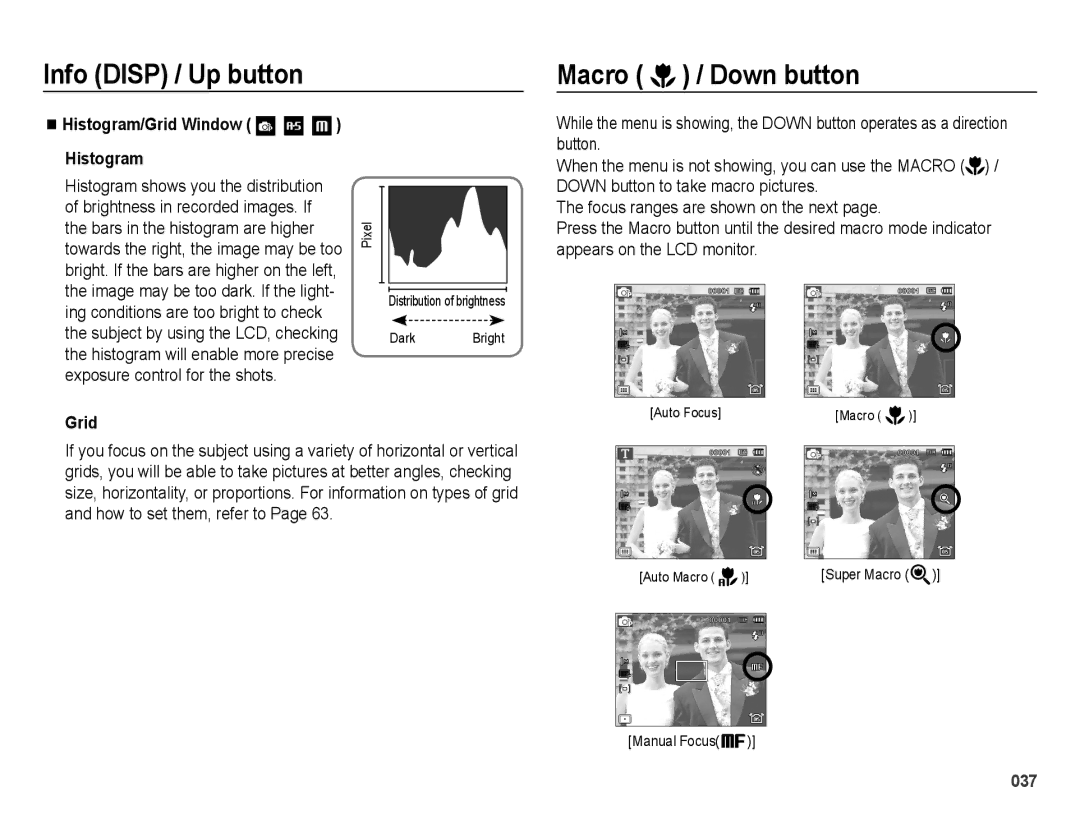 Samsung EC-WB5000BPBRU manual Info Disp / Up button Macro / Down button, Histogram/Grid Window Histogram, Manual Focus 