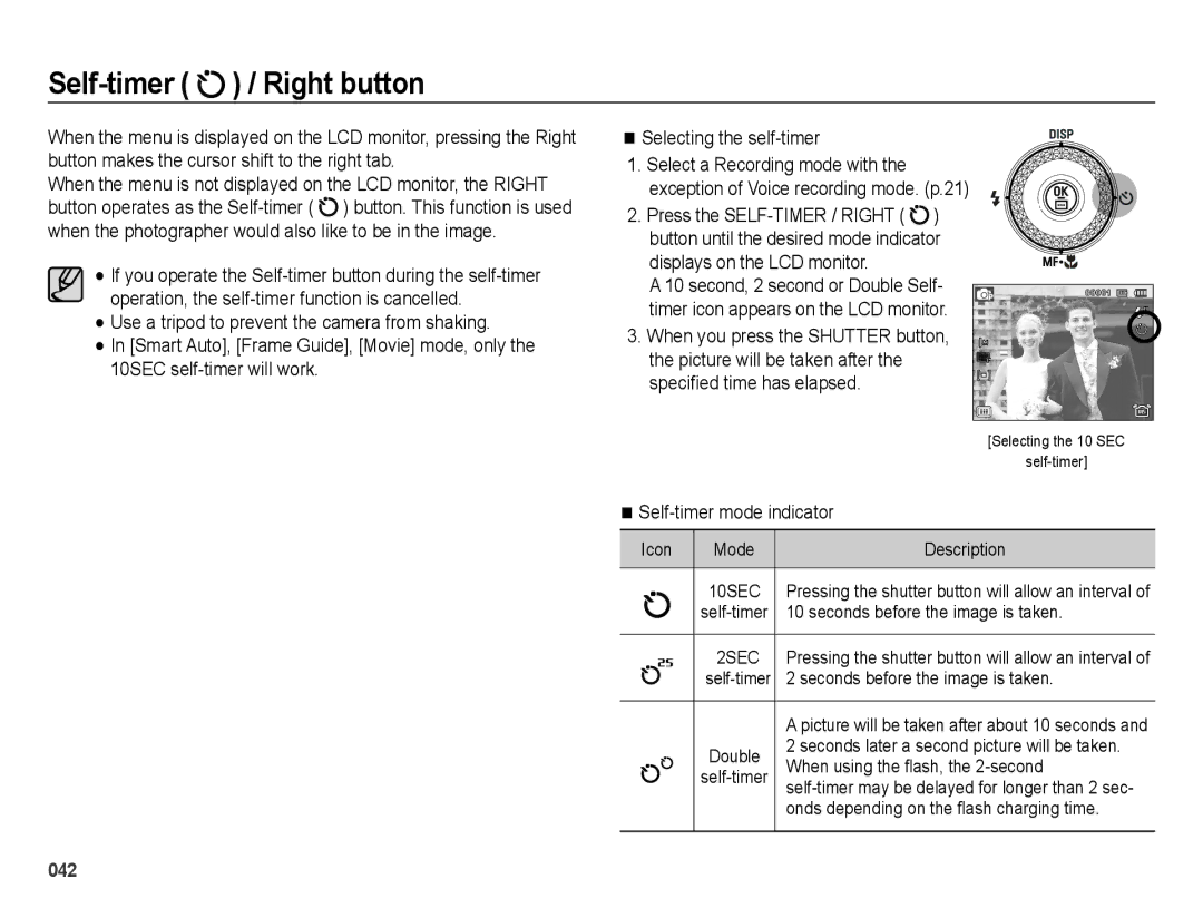 Samsung EC-WB5000BPBIT, EC-WB5000BABFR, EC-WB5000BPBFR Self-timer / Right button, Icon, Seconds before the image is taken 