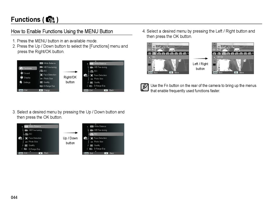 Samsung EC-WB5000BPBVN, EC-WB5000BABFR, EC-WB5000BPBFR, EC-WB5000BPBE1 manual How to Enable Functions Using the Menu Button 