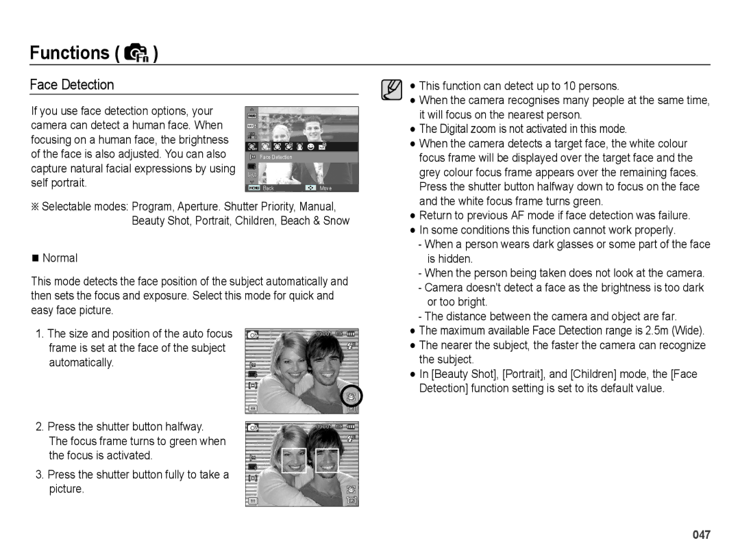 Samsung EC-WB5000BPBRU, EC-WB5000BABFR, EC-WB5000BPBFR manual Face Detection, This function can detect up to 10 persons 