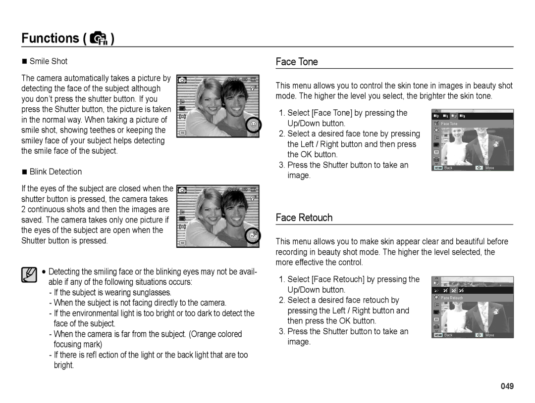 Samsung EC-WB5000BABFR, EC-WB5000BPBFR, EC-WB5000BPBE1, EC-WB5000BPBIT, EC-WB5000APB manual Face Tone, Face Retouch, Smile Shot 