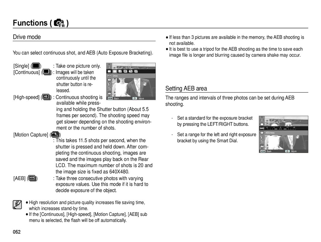 Samsung EC-WB5000BPBIT, EC-WB5000BABFR, EC-WB5000BPBFR, EC-WB5000BPBE1, EC-WB5000APB manual Drive mode, Setting AEB area 