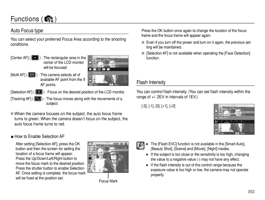 Samsung EC-WB5000APB, EC-WB5000BABFR manual Auto Focus type, Flash Intensity, Ting will be maintained, Focus Mark, 0, +1, +2 