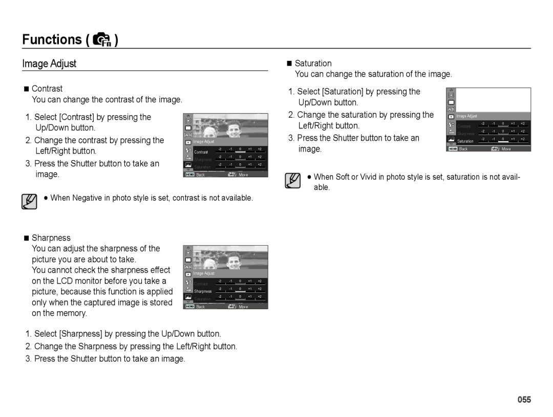 Samsung EC-WB5000BPBE3 manual Image Adjust, Up/Down button, Left/Right button, Sharpness, Select Contrast by pressing 