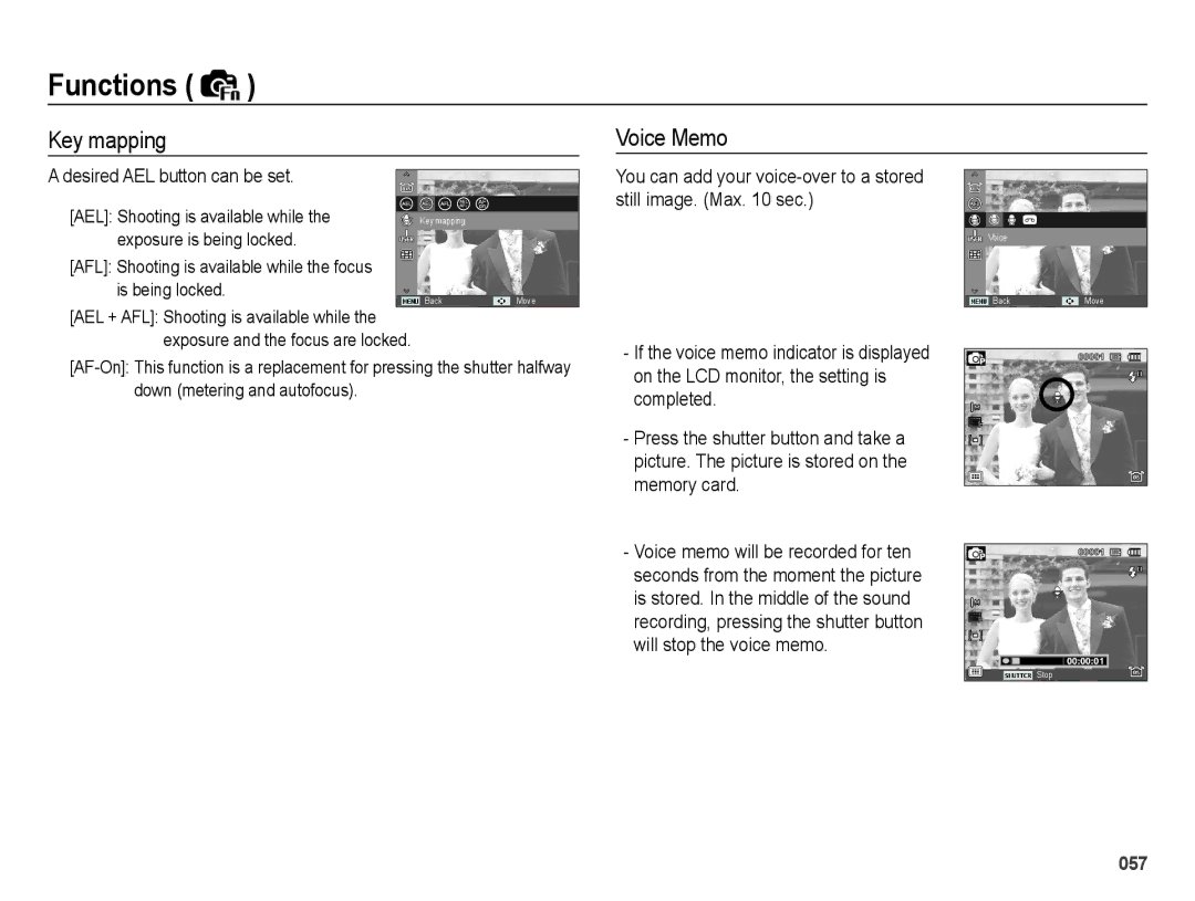 Samsung EC-WB5000BPBRU manual Key mapping, Voice Memo, Desired AEL button can be set, AEL Shooting is available while 