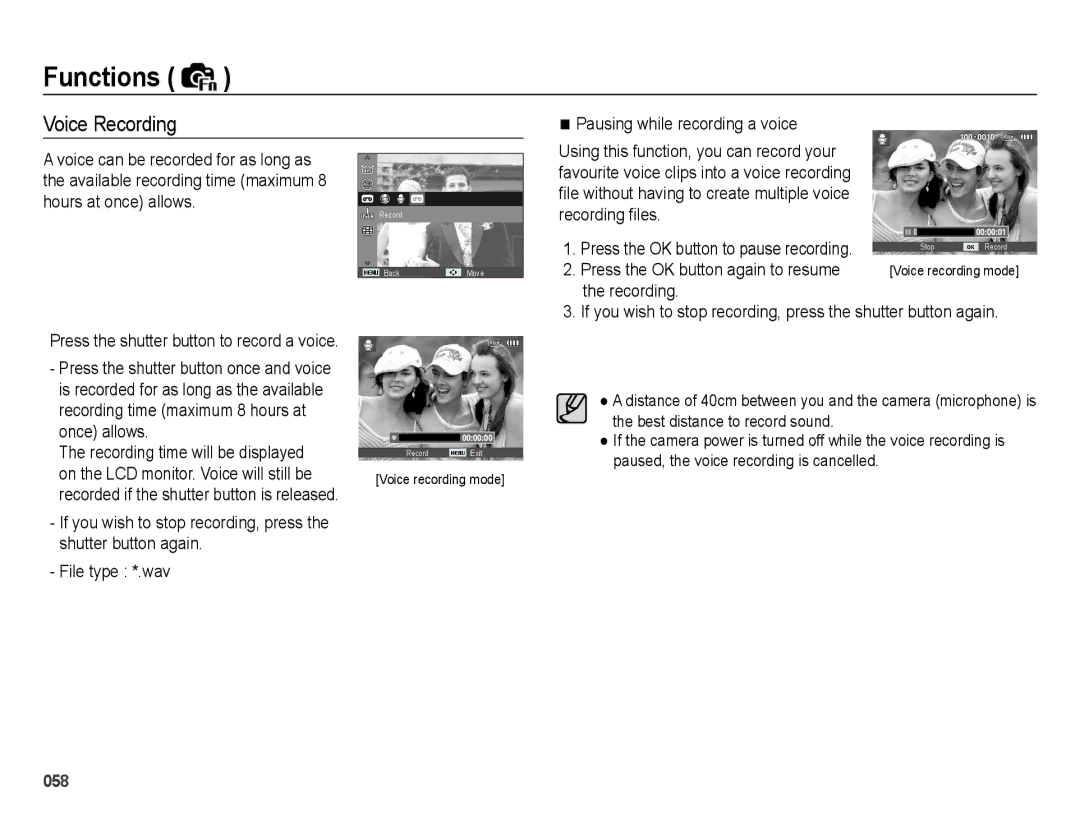 Samsung EC-WB5000BPBIL, EC-WB5000APB Voice Recording, Pausing while recording a voice, Press the OK button again to resume 