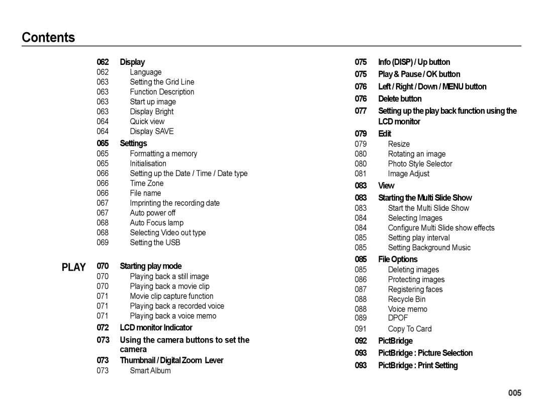 Samsung EC-WB5000BPBE3 Display, Settings, Play 070 Starting play mode, View Starting the Multi Slide Show, File Options 