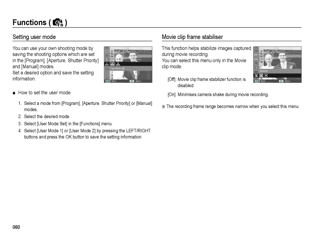 Samsung EC-WB5000BPBFR, EC-WB5000BABFR manual Setting user mode Movie clip frame stabiliser, How to set the user mode 