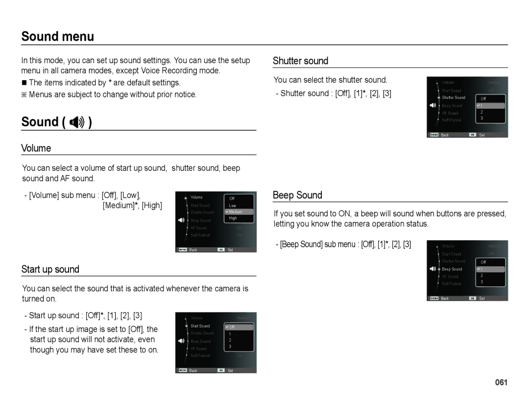 Samsung EC-WB5000BPBE1, EC-WB5000BABFR, EC-WB5000APB Sound menu, Sound , Volume Shutter sound, Start up sound, Beep Sound 