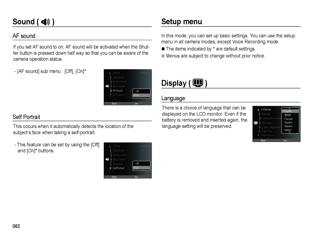 Samsung EC-WB5000BPBIT, EC-WB5000BABFR, EC-WB5000BPBFR, EC-WB5000BPBE1 Setup menu, Display, AF sound, Language Self Portrait 