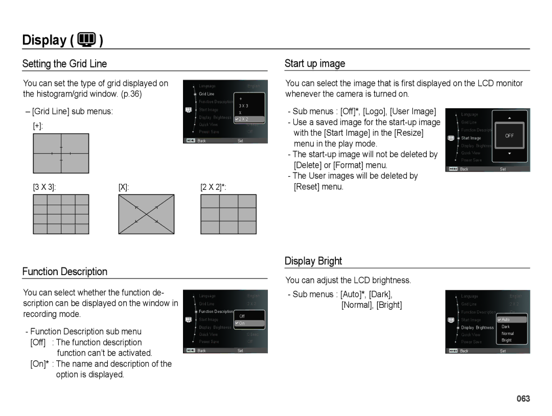 Samsung EC-WB5000APB Setting the Grid Line Start up image, Function Description Display Bright, Menu in the play mode 