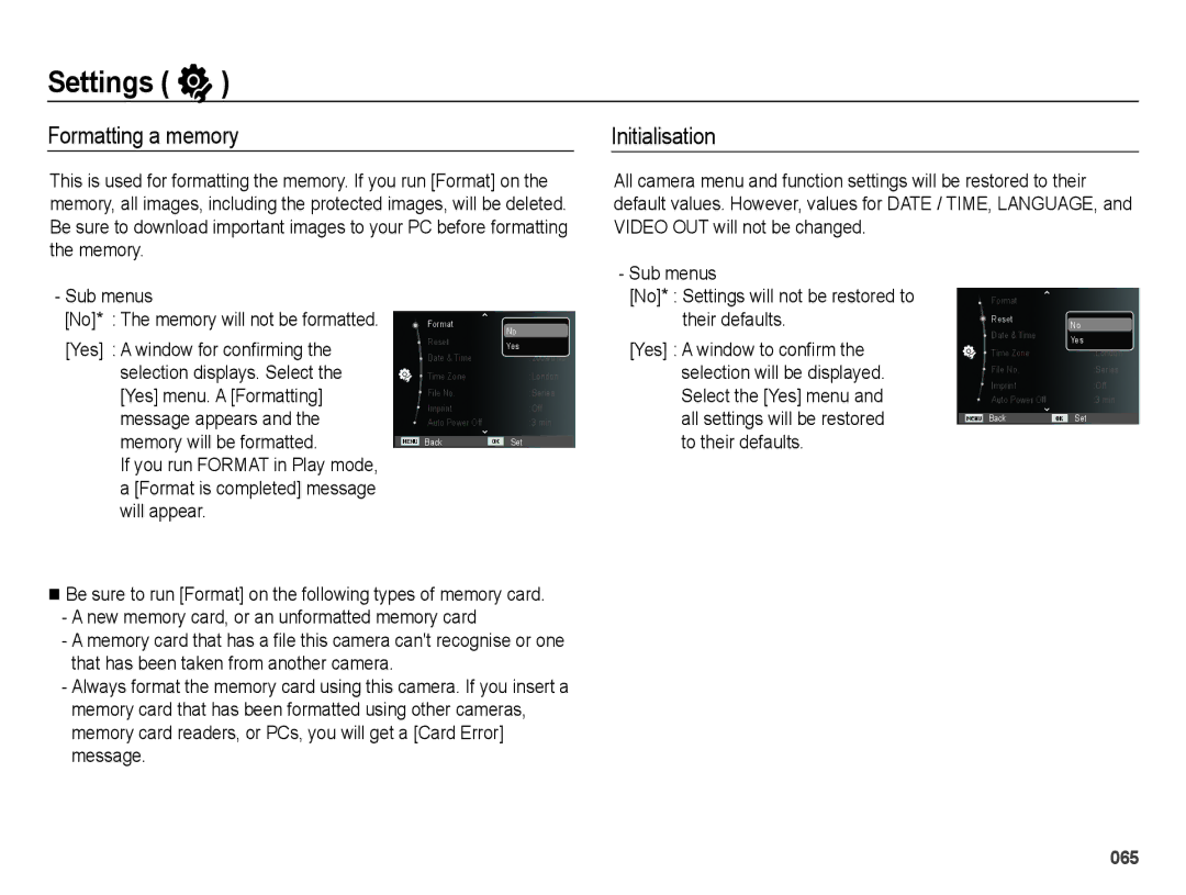 Samsung EC-WB5000BPBE3, EC-WB5000BABFR, EC-WB5000BPBFR, EC-WB5000BPBE1 manual Settings, Formatting a memory, Initialisation 