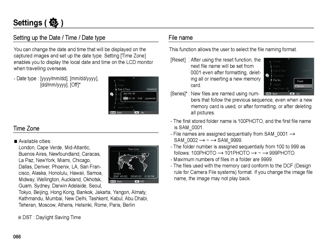 Samsung EC-WB5000BPBE2, EC-WB5000BABFR, EC-WB5000BPBFR manual Setting up the Date / Time / Date type, File name, Time Zone 