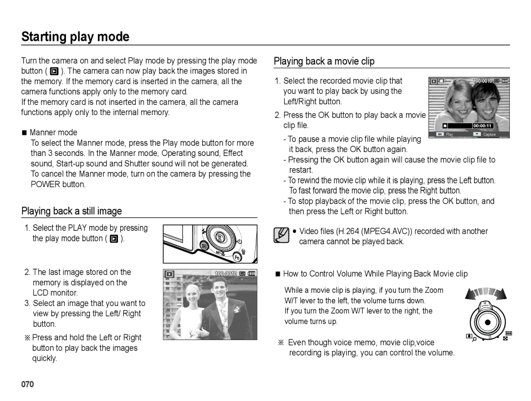 Samsung EC-WB5000BPBFR manual Starting play mode, Playing back a still image, Playing back a movie clip, Manner mode 