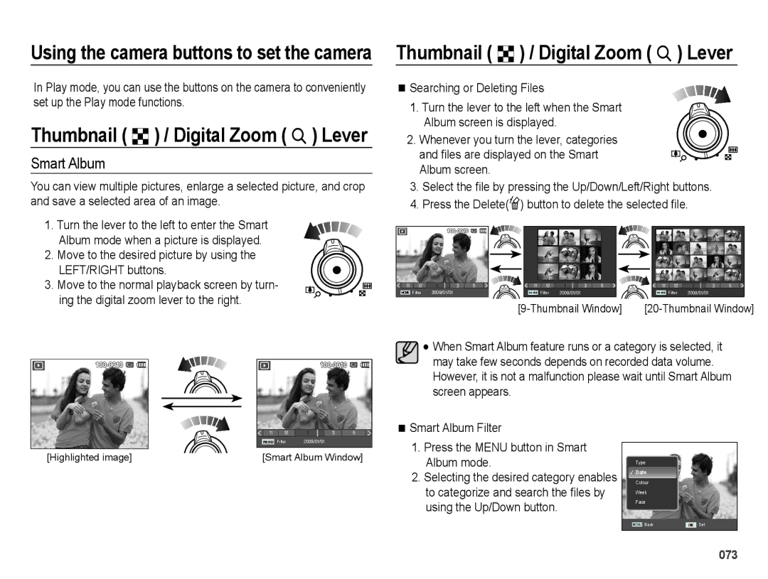 Samsung EC-WB5000APB, EC-WB5000BABFR, EC-WB5000BPBFR, EC-WB5000BPBE1 manual Thumbnail º / Digital Zoom í Lever, Smart Album 