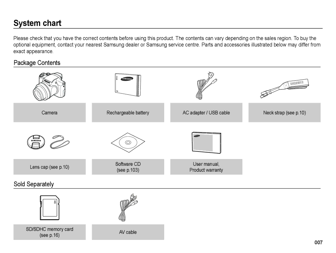 Samsung EC-WB5000BPBRU, EC-WB5000BABFR, EC-WB5000BPBFR, EC-WB5000BPBE1 manual System chart, Package Contents, Sold Separately 