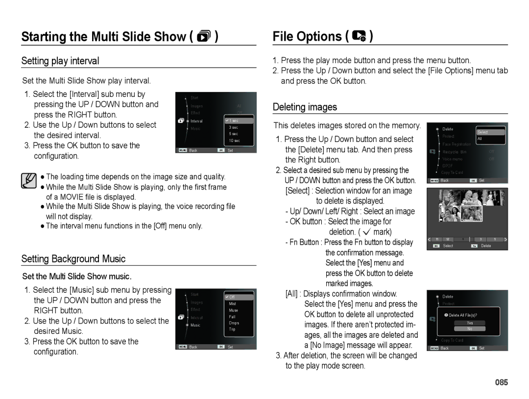 Samsung EC-WB5000BPBE3, EC-WB5000BABFR manual File Options, Setting play interval, Deleting images, Setting Background Music 