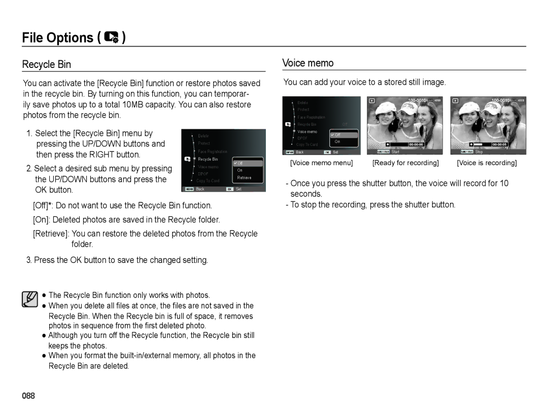 Samsung EC-WB5000BPBIL, EC-WB5000BABFR, EC-WB5000BPBFR Recycle Bin, You can add your voice to a stored still image, Seconds 