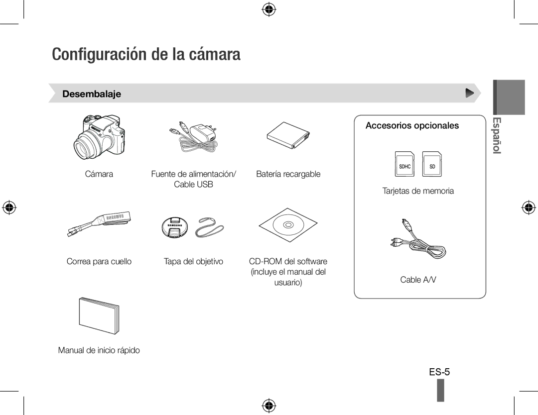 Samsung EC-WB5000BPBFR, EC-WB5000BABFR, EC-WB5000BPBE1 manual Configuración de la cámara, Desembalaje, Accesorios opcionales 