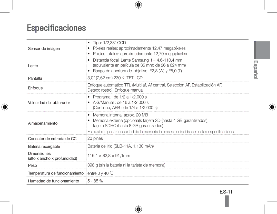 Samsung EC-WB5000BABFR, EC-WB5000BPBFR, EC-WB5000BPBE1, EC-WB5000BPBIT, EC-WB5000BPBVN, EC-WB5000BPBE2 manual Especificaciones 