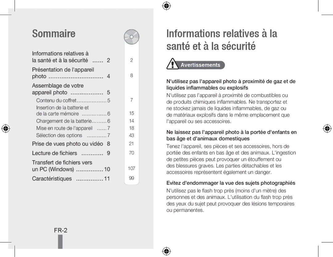 Samsung EC-WB5000BPBFR, EC-WB5000BABFR, EC-WB5000BPBE1 manual Sommaire, Informations relatives à la santé et à la sécurité 