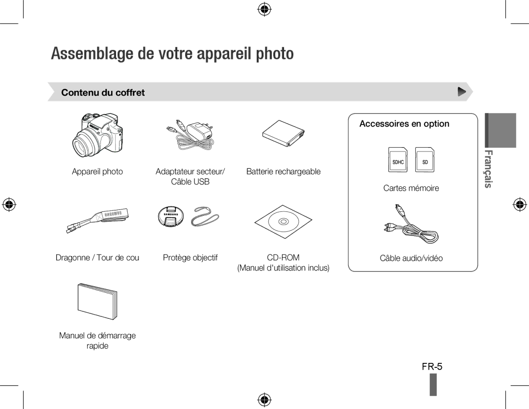 Samsung EC-WB5000BPBVN, EC-WB5000BABFR manual Assemblage de votre appareil photo, Contenu du coffret, Accessoires en option 