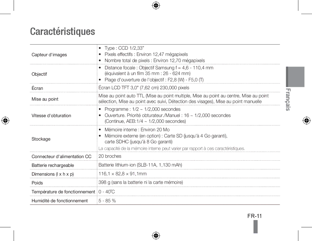 Samsung EC-WB5000BPBIT, EC-WB5000BABFR, EC-WB5000BPBFR Caractéristiques, Batterie rechargeable Dimensions l x h x p Poids 