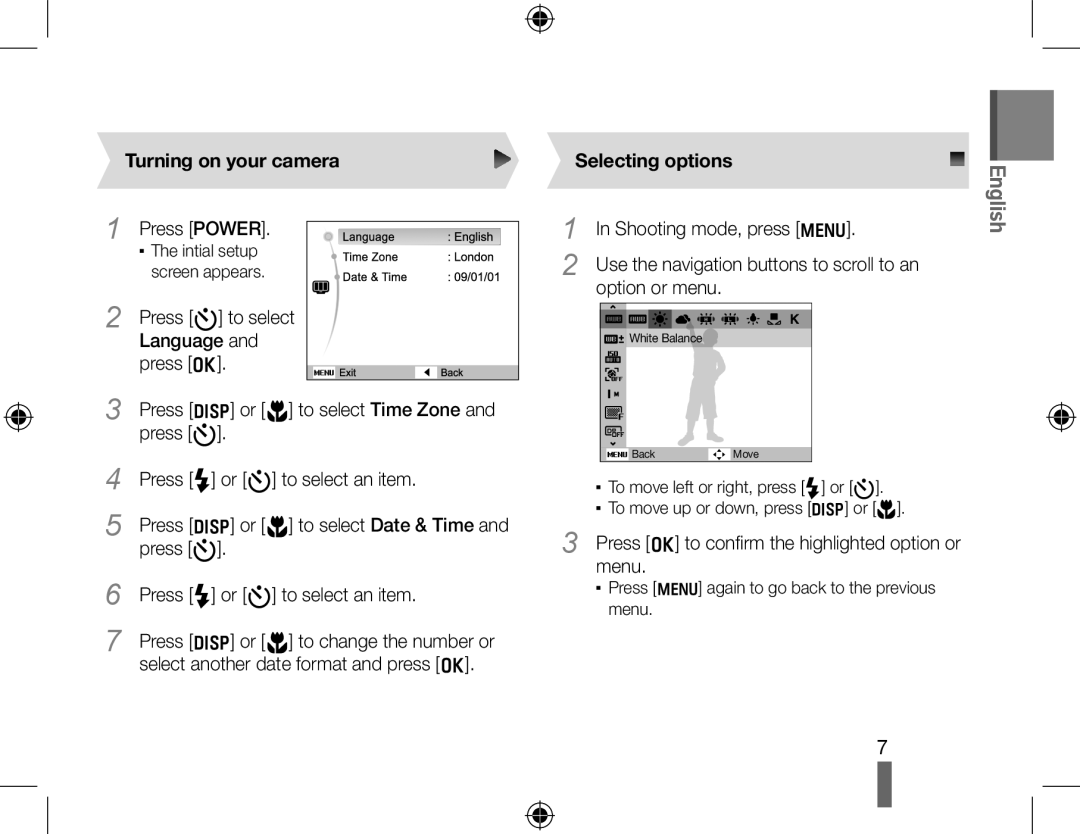 Samsung EC-WB5000BABFR, EC-WB5000BPBFR, EC-WB5000BPBE1, EC-WB5000BPBIT manual Turning on your camera, Selecting options 