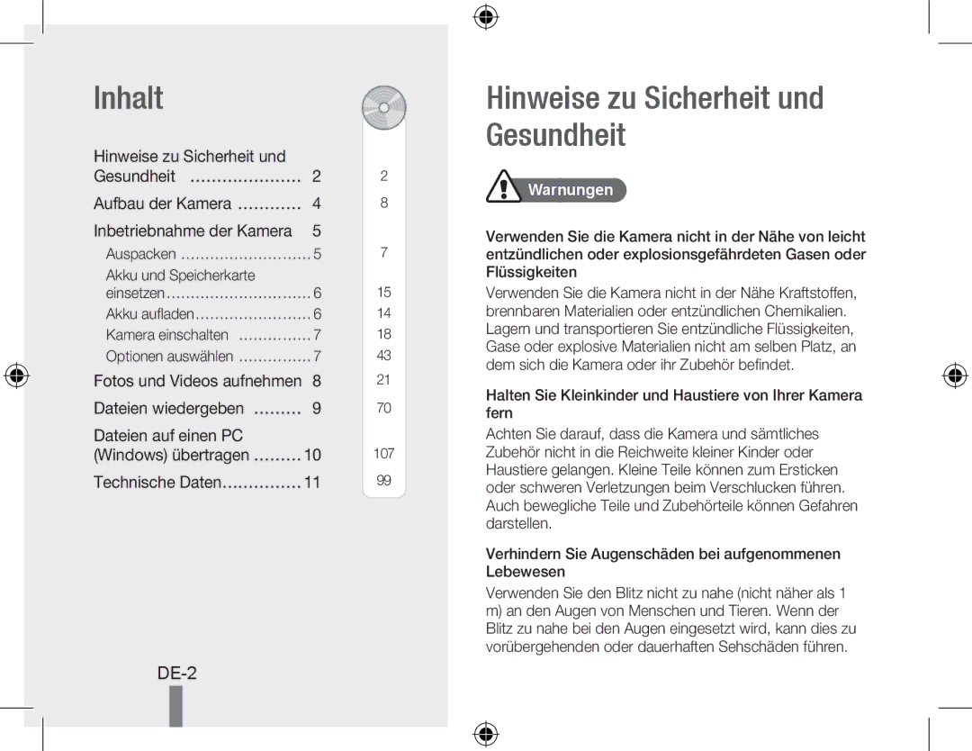 Samsung EC-WB5000BPBE2 manual Inhalt, Hinweise zu Sicherheit und Gesundheit… …………………, Dateien auf einen PC, Warnungen 